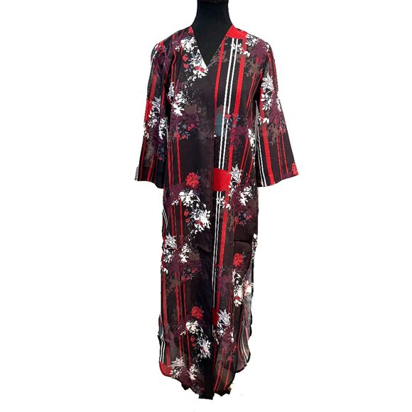 NWOT Colleen Lopez Floral Striped Robe Kimono Open Front Long Size XS - Picture 1 of 6